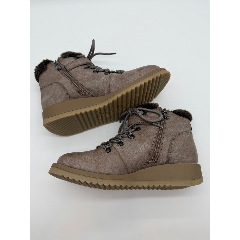 Blowfish Malibu Women Taupe Faux Fur Trim Lace Up Wedge Ankle Boots Size 8